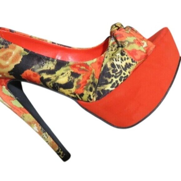Qupid Penelope Orange Multi Suede Leather Peep Toe Platform Heels Stilettos - Picture 7 of 15
